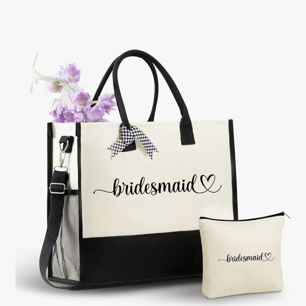 NWT Bridesmaid Tote with Detachable Strap and Makeup pouch